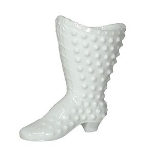 VINTAGE Fenton Boot Lace up Hobnail Vase Glass Home decor White Signed piece